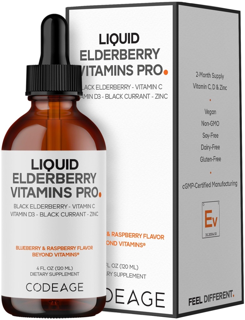 ויטמין Codeage Elderberry ויטמינים Pro - אורגני שחור זקןברי טיפות - ויטמין C, D3, Zinc, Black Currant - 2 Monteh Supply - Black Sambucus נוזל - עבור מבוגרים וילדים - 4 oz