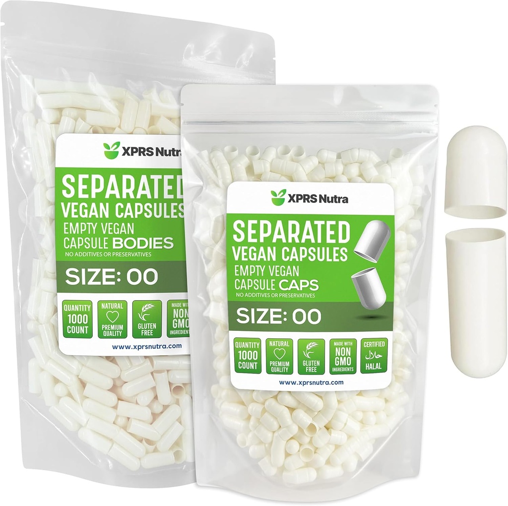 XPRS Nutra Vegan Size 00 בנפרד קפסולות - 1000 Count Premium ריקה קפסולות נפרדות ב Bags - 00 Pills ריקה עבור תוסף DIY (לבן)