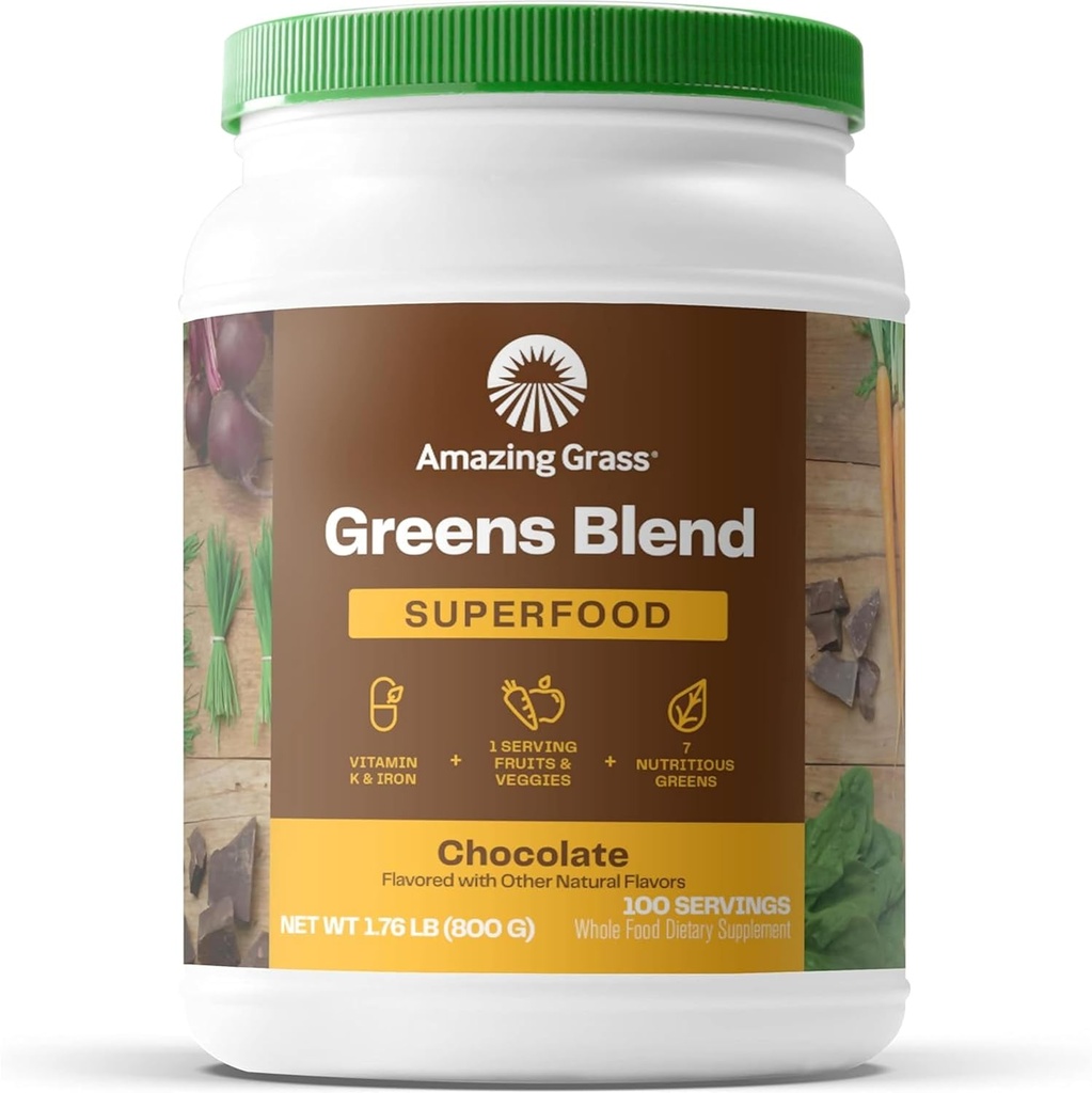 אבקת סופר-מזון מדהימה: אבקת ירקות עם Enzymes & Probiotics, אורגני Spirulina, Chlorella, אבקת שורש באט, שוקולד, 100 משרתים