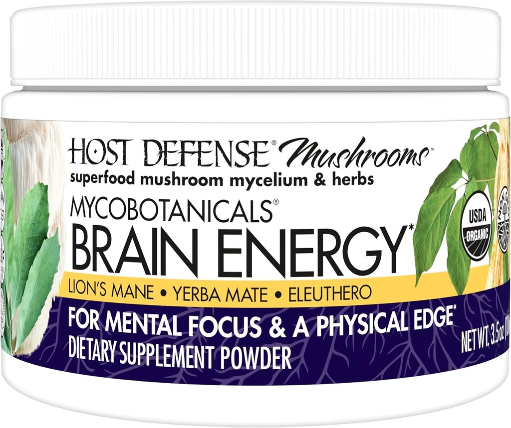 Host Defense MycoBotanicals Brain Energy* אבקה - Brain & Focus Support Supplement with Lion's Mane Mushroom - תוספת תזונתית עם Yerba Mate לתמיכה באנרגיה - 3.5 ozשרתים (33s)
