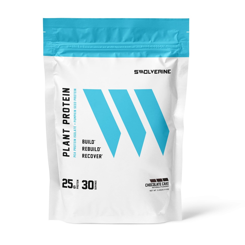 חלבון צמחי Swolverine צמחי; 100%, אבקת חלבון מבוססת צמחי, חלבון פי חלבון פי חלבון, שומן Seed חלבון, 22G חלבון, 30 משרת עוגת שוקולד (Chocolate Cake)