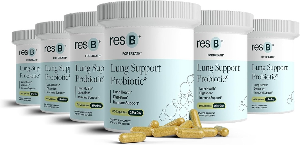 Resbiotic ResB Lung תמיכה Probiotic תוסף בריאות Lung for Smokeers, Gut Health, Immune Support, Respiratory Care, Holyזיל, Turmeric, Clinically Trialed - 360 קפסולות (6 בקבוקים)