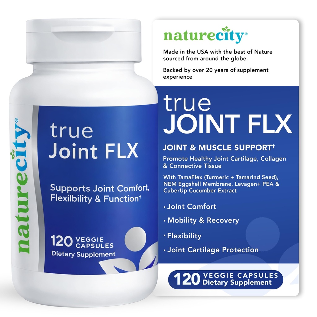 NatureCity True-Joint FLX תוסף פורמולה (120 קפסולות) | TamaFlex, NEM Eggshell Membrane, Levagen+ PEA & CuberUp | תומך נוחות משותפת, גמישות, ניידות, פונקציונליות ו Cartilage Health Health