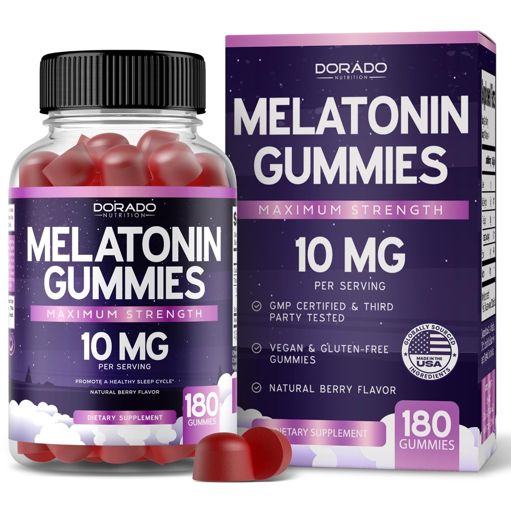 Melatonin Gummies 10 מ"ג למבוגרים (180 הרוזן) - Quick Dissolve Melatonin Gummies - חניכיים למבוגרים מכיל 10 מ"ג - עוצמה גבוהה - ברי פלפור - Non-GMO, תוסף טבעוני ומיוצר בארה"ב