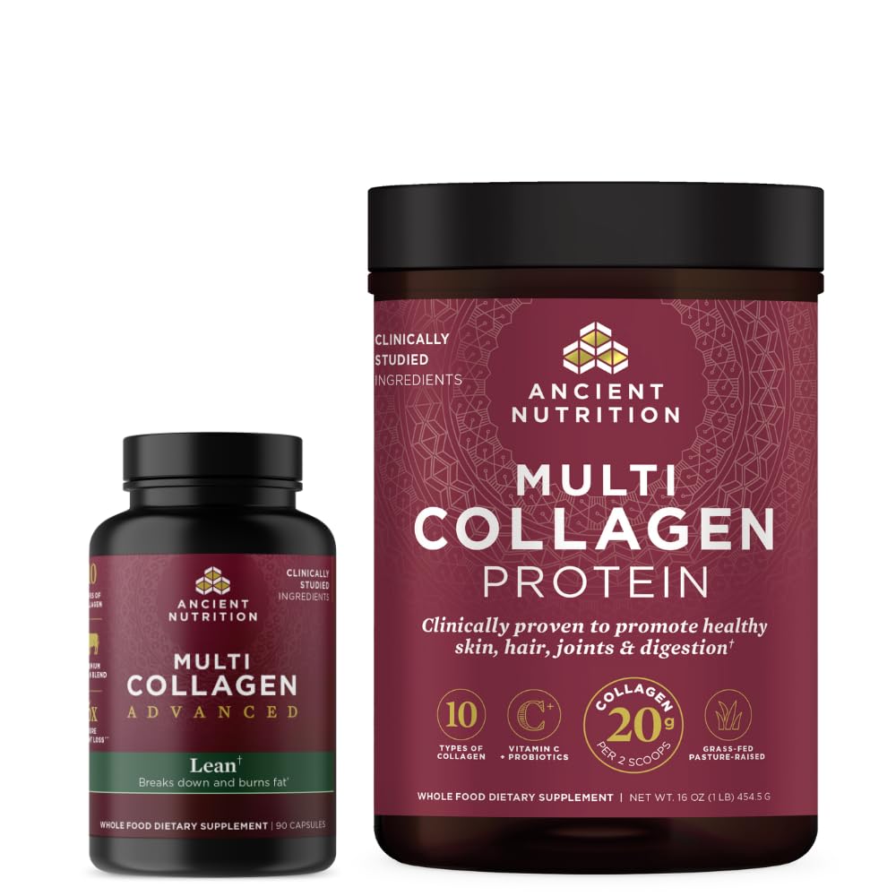 תזונה עתיקה Multi Collagen מתקדם קפסולות, Lean, 90 Count + Multi Collagen חלבון אבקת, Unflavored, 45 משרתים