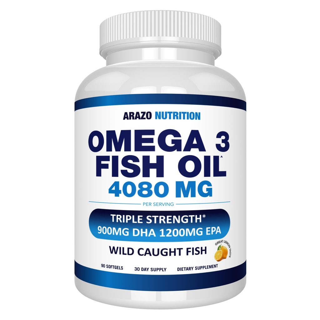 Arazo Nutrition Wild תפס אומגה 3 שמן דגים - 90 Soft Gels - 4,080 מ"ג גבוה EPA 1200 מ"ג DHA 900 מ"ג לימון פלפור ברפסום Softgels