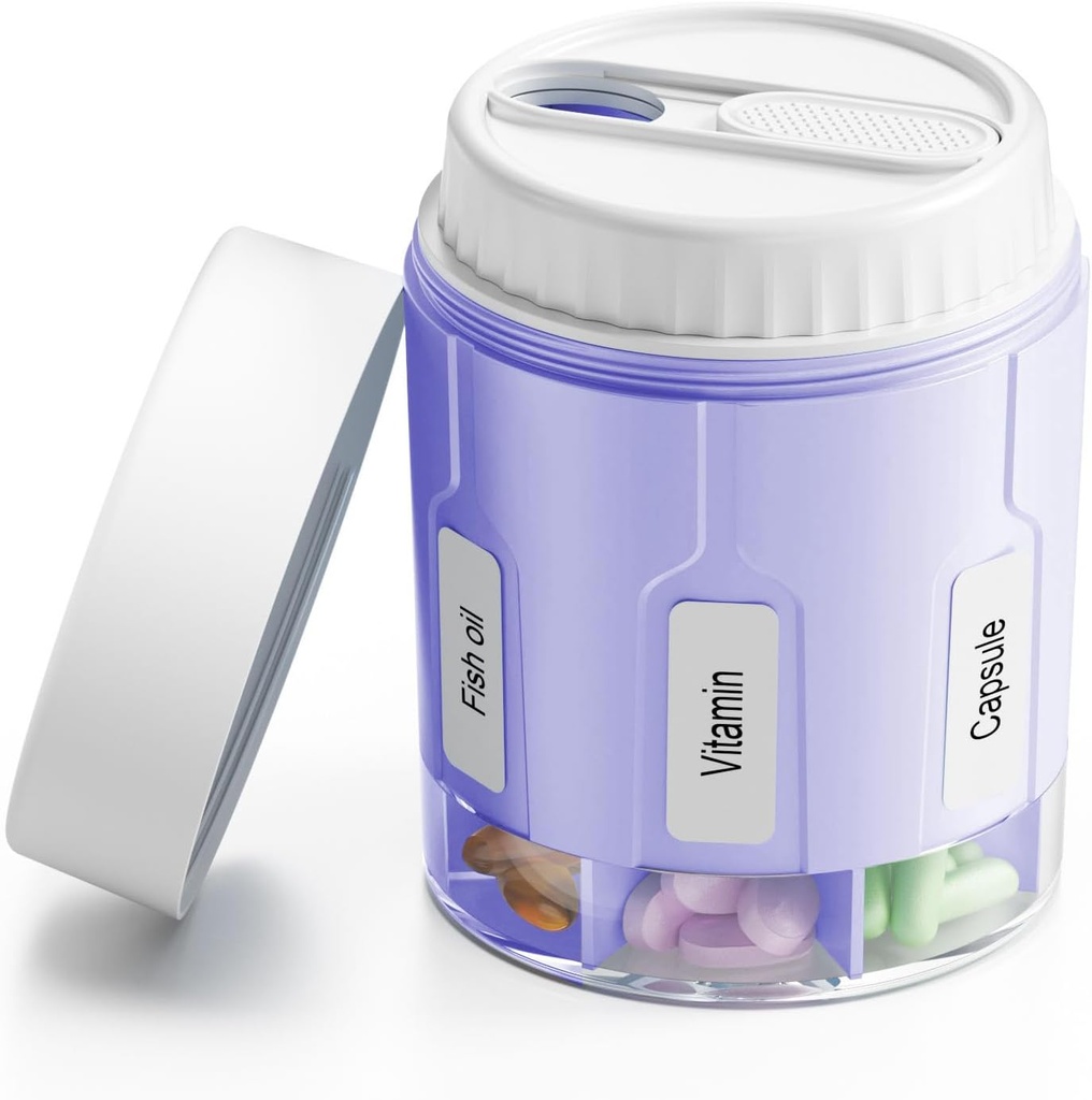 Daviky Pill Bottle מארגנת, מארגן תוספת עם 7 השוואתים גדולים, Travel Pill Dispenser Round Pill Box with Two Lids (Purple)