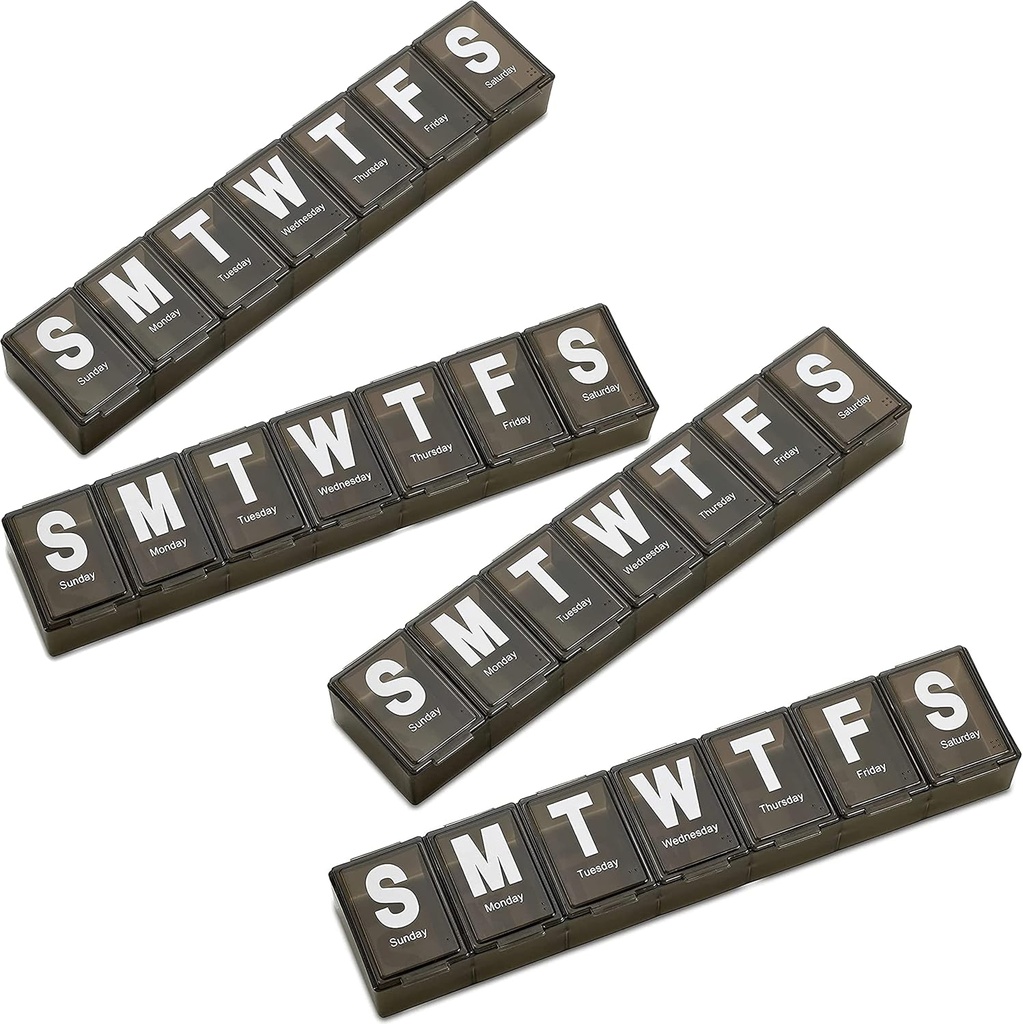 מארגנת גלולות שבועיות - (Pack of 4) מכיל ויטמין גדול נוסף עם ג'מבו קל לקרוא מכתבים, BPA חינם - Daily Travel 7 Day Drug Pill Box Case (Black)