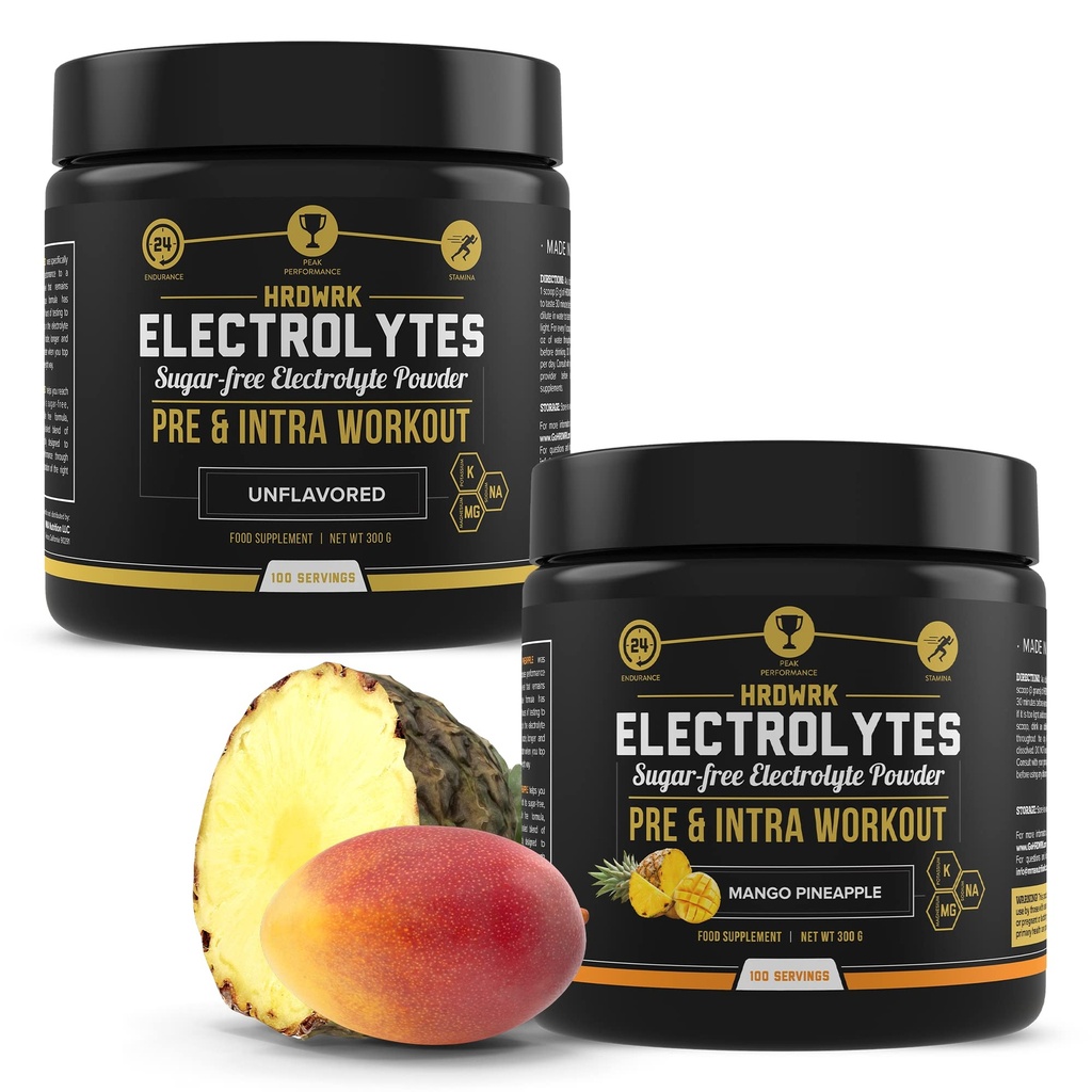 HRDWRK - 100 משרתי Keto Electrolytes אבקת hydrotion סוכר חינם - אבקת אלקטרוליטה כדי Boost Endurance ולהפחית Fatigue עם תוסף אלקטרוליטים - Unflavored & מנגו Pineapple Set