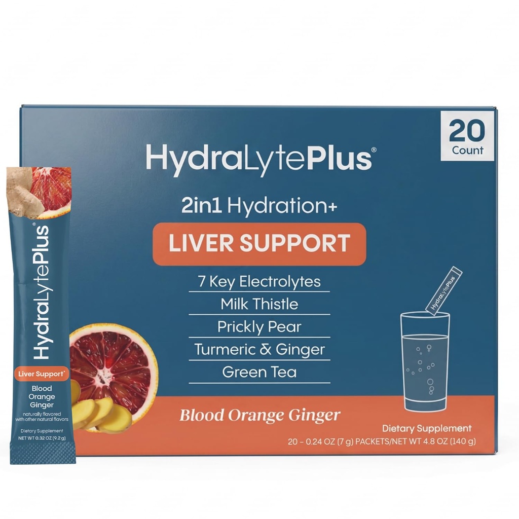 hydrlyte Liver תומך + אלקטרוליט לערבב עם שביל חלב, Turmeric, ג'ינג'ר, Prickly Pear, תמצית תה ירוק פורמולה עבור Rehydration מהירה (Blood Orange, 20 Packets)
