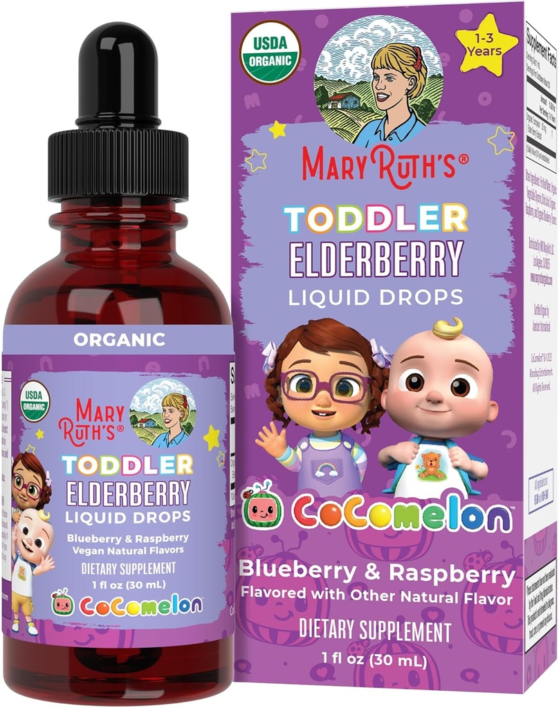 MaryRuth Organics Cocomelon Toddler Elderberry Syrup, USDA Organic Elderberry, סוכר חינם ילדים Immune תמיכה תוספת של 1-3 שנים, פרויקט תווית נקייה מאומת ®, טבעוני, Gluten Free, 1 Fl Oz