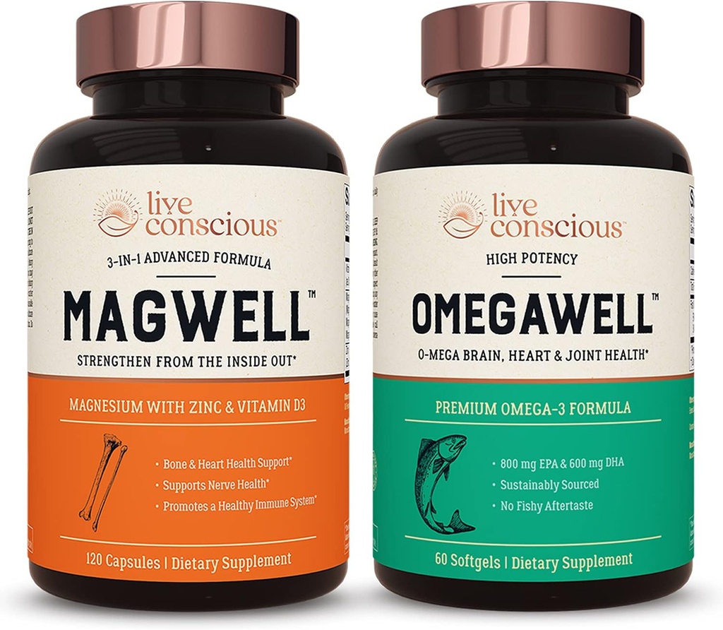 Live Conscious אומגה Well Fish Oil & MagWell Magnesium Zinc & ויטמין D3 | Bone & Heart Health, Immune System Support + Heart, Brain & Joint Support