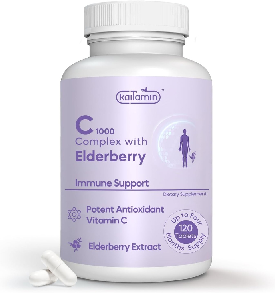 ויטמין C 1000 מ"ג עם Rose HIPS + Sambucus Elderberry - C1000 Complex Dietary תוספת עבור תמיכה החיסון ואנטיoxidant תמיכה - 120 טבליות עבור Upto 120 ימים (120 Count (Pack של 1))