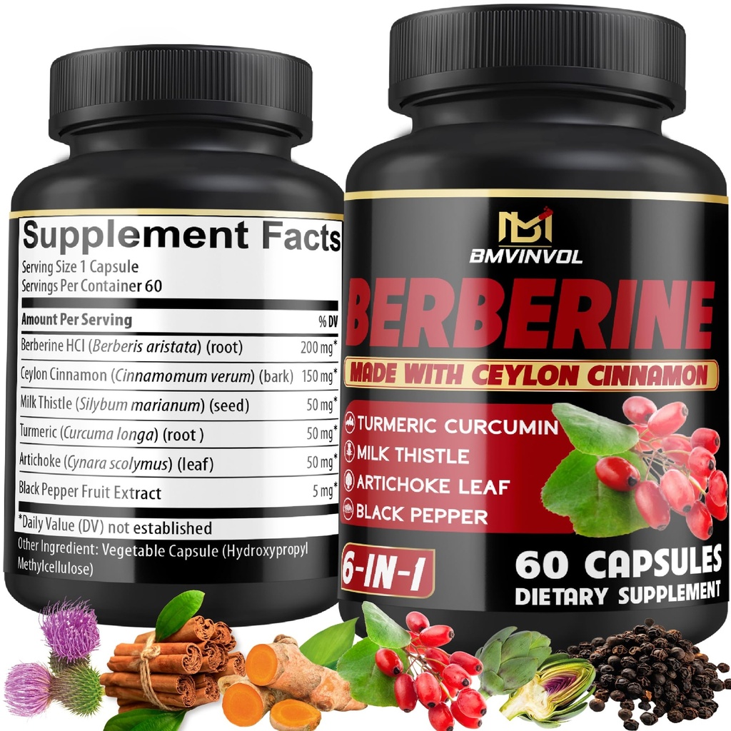 תוספת ברברין עם Ceylon Cinnamon, Turmeric, Artichoke, Milk Thistle - Berberine HCl גלולות - 60 קפסולות [2-Month Supply]