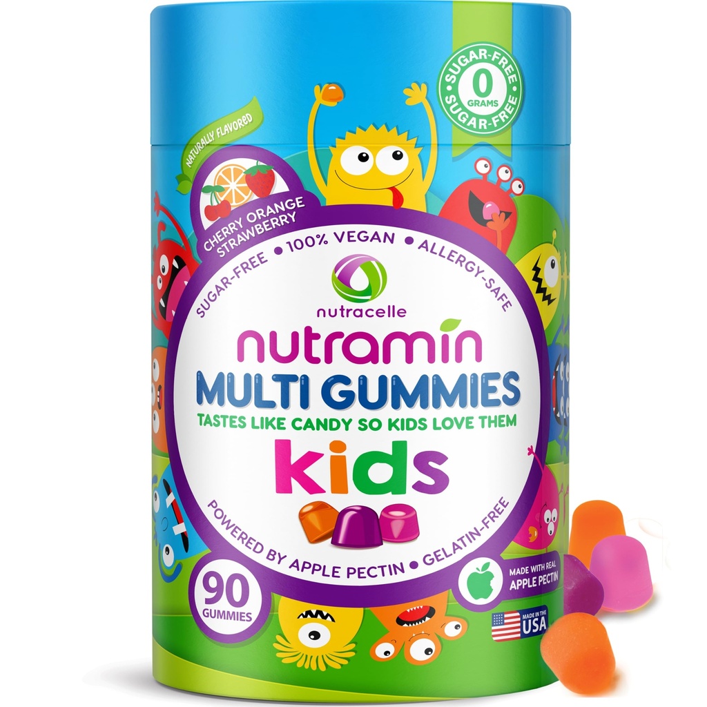 Nutracelle NUTRAMIN Sugar-Free, Allergen-Free 100% חניכיים טבעוניות לילדים - Great Tasting Natural Gummies Your Kids Will Love - 90 Countבק