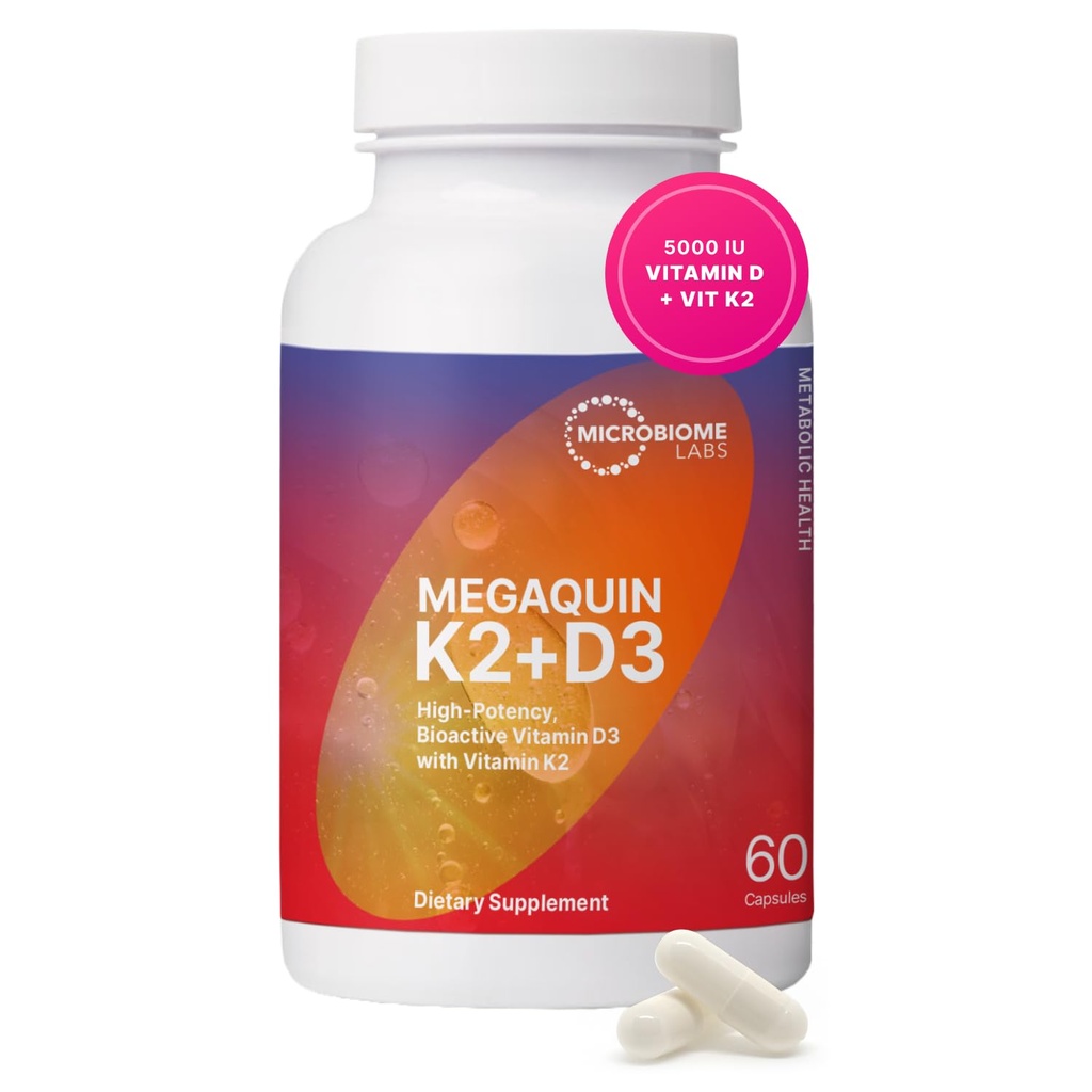 Microbiome Labs MegaQuin D3 + K2 - ויטמין D3 K2 תוסף - ביואקטיבי & Bioavailable - ויטמין D3 5000 iu & MK-7 - תמיכה בעצמות, לב, עצב, עצב, עצב ומזון בריאות (60 קפסולות)