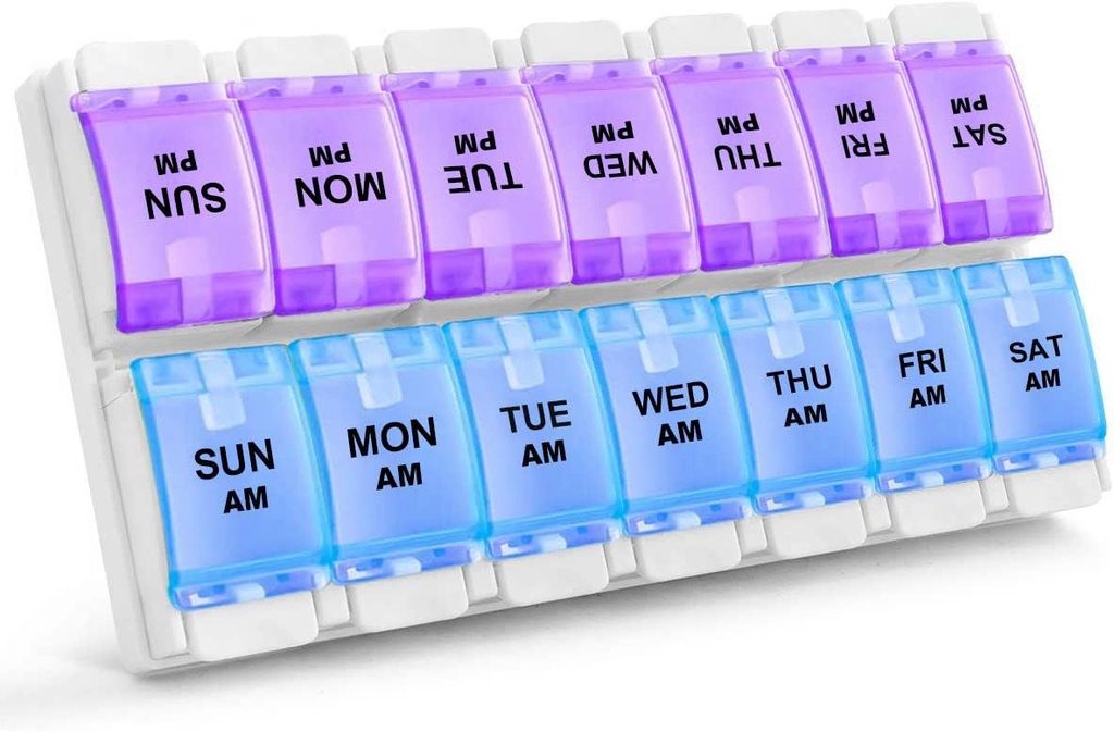 Sukuos AM PM שבועי 7 יום גלולות מארגנת, 2 פעמים A Day Pill Box with Arthritis Friendly Push Button, Medicine Cases forוויטמין/Fish Oil/Supplements, Easy to נקיים (Purple & Blue)
