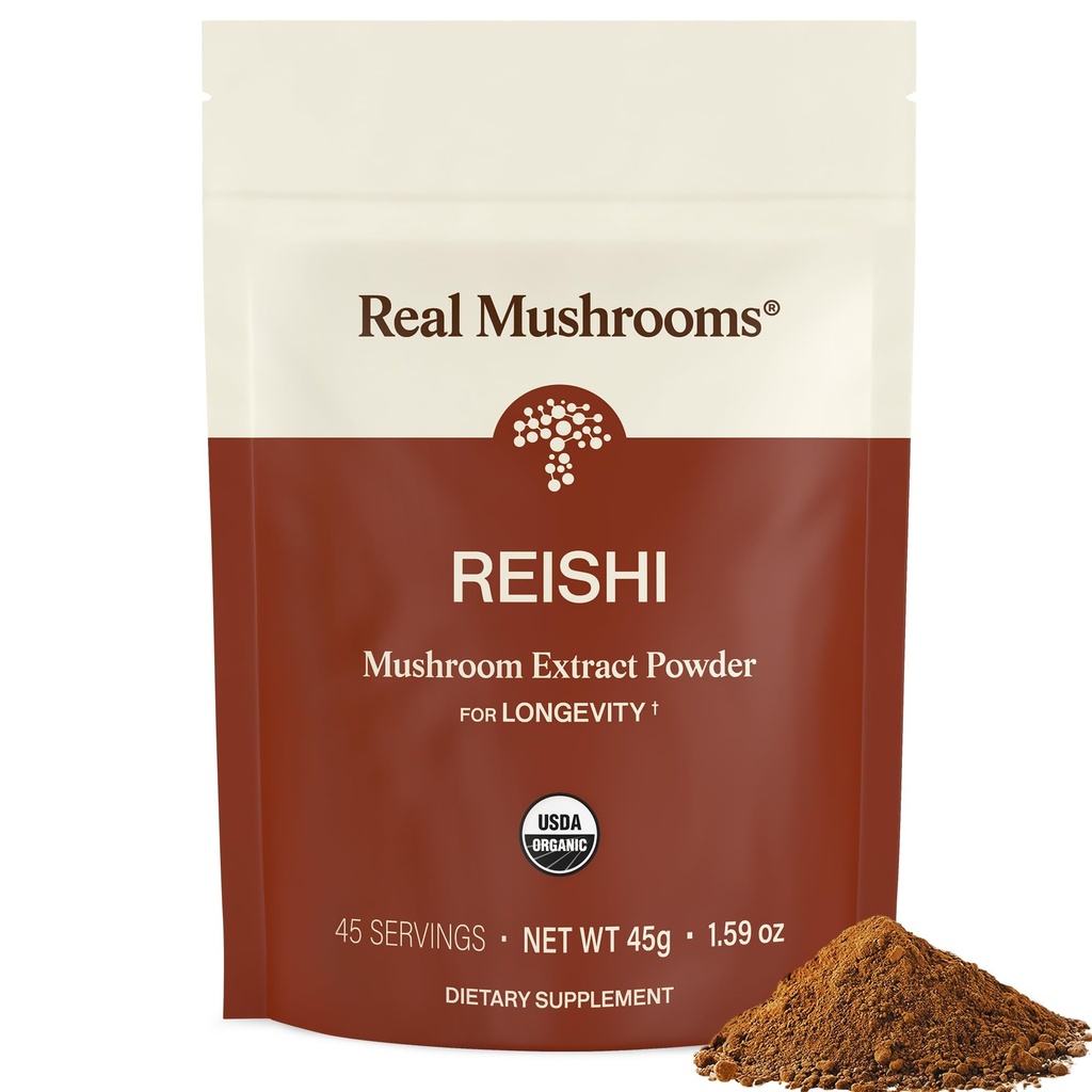 Real Mushrooms Reishi Mushroom אבקת - Handpiced Organic Mushroom Extracts - Red Reishi for Tranquil Daily Wellness עם מאומת Beta Glucans טבעוני, non-GMO, No Grain Fillers, 45 משרתים