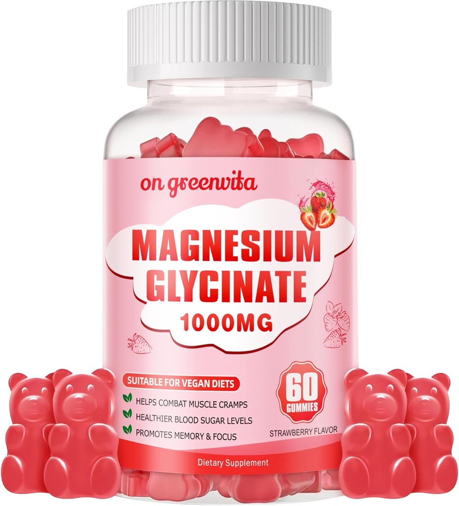 Magnesium Glycinate Gummies 1000mg - סוכר חינם Magnesium Potassium תוספת עם ויטמין D, B6, CoQ10 עבור Calm Mood & Sleep Support - 60 Strawberry חניכיים