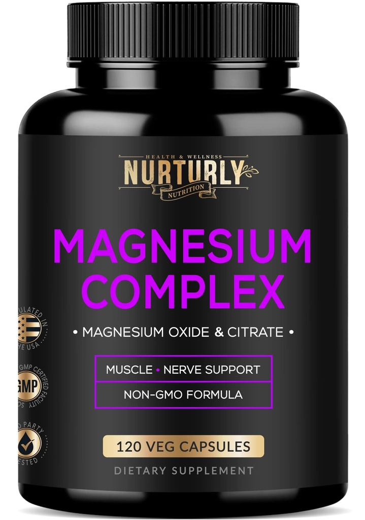 Magnesium Citrate & Oxide 500 מ"ג תוסף - עוצמה מקסימלית - מסייע לתמוך בעצמות העצם וכוח, שרירים, אנרגיה ושינה - 120 קפסולות טבעוניות