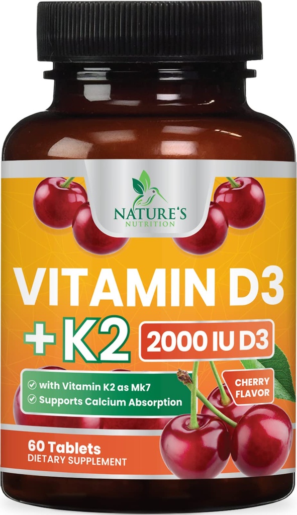 ויטמין D 2000 IU 50mcg Per Tablet - ויטמינים D3 & K2 (MK7) תוסף מורכב עבור העצם, שיניים, שרירים, Calcium Absorption, תומך Imm & Heart Health, Chewable Formula USAבקd - 60 טבליות