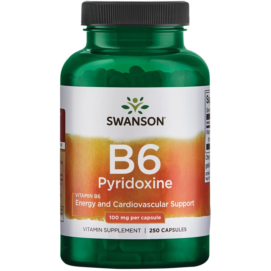 Swanson B6 Pyridoxine - תוסף ויטמין לקידום בריאות קרדיווסקולרית ואנרגיה מטבוליזם - פורמולה טבעית לקידום בריאות כללית - (250 קפסולות, 100 מ"ג כל אחד)