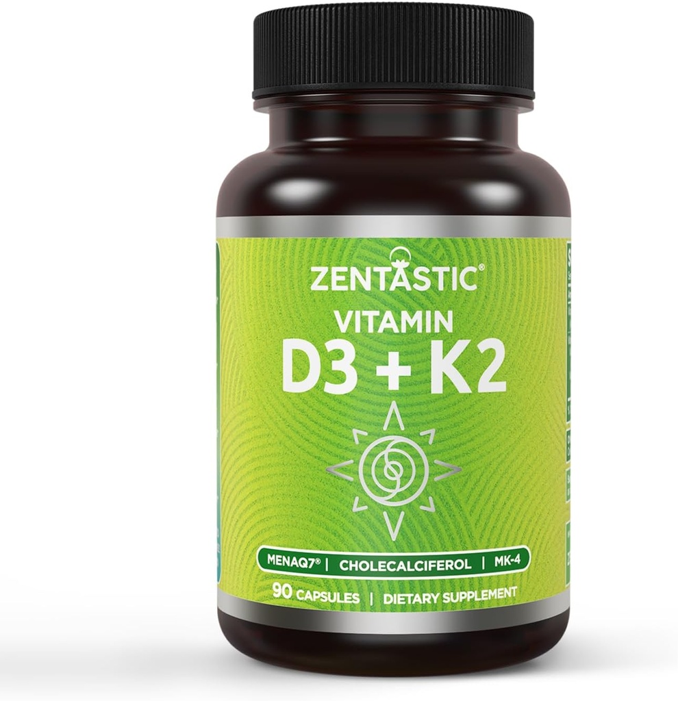 ויטמין Zentastic D3 K2, 5000IU & 200mcg, ויטמין D & Patented MK7 & MK4 עבור תמיכה מורכבת 3in-1 - Vegetarian, non-GMO, 90 Caps