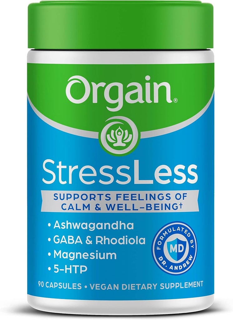 Orgain StressLess, Vegan Stress Relief תוספת - תערובת של מגנזיום, לימון Balm, GABA, 5 HTP, Rhodiola Rosea, Ashwagandha ו Chamomile, Gluten Free, דוקטור פורמולה - 90 ספירה, 30 יום אספקת 30 יום אספקה, 30 יום אספקה אספקה , Rhodiola Rosea, Ashwagandha ו Chamomile, Gluten Free, דוקטור פורמולה