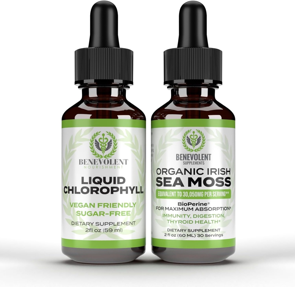 Benevolent Chlorophyll טיפות + Irish Sea Mos Drops 2oz, 4 חודשים אספקת נוזל Chlorophyll תוסף פנימי Deodorizer & Radiant Skin