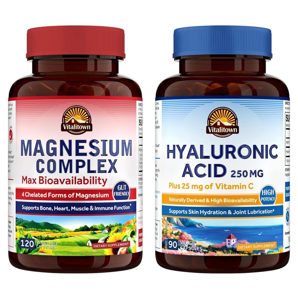 Vitalitown Magnesium + Hyaluronic Acid Bundle: Magnesium Complex (Item 1) & Hyaluronic Acid Plus ויטמין C (Item 2) | 120 מגנזיום קפסולות & 90 Hyaluronic Acid