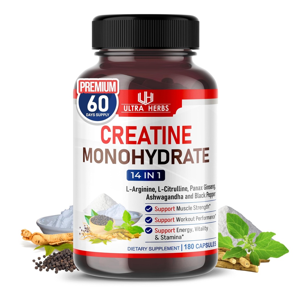 Ultra Creatine Pills | Creatine Monohydrate קפסולות משופרת עם L-Arginine, L Citrulline, גינזנג | תמיכה בסט, אנרגיה וצמיחה שרירים | 180 קפסולות