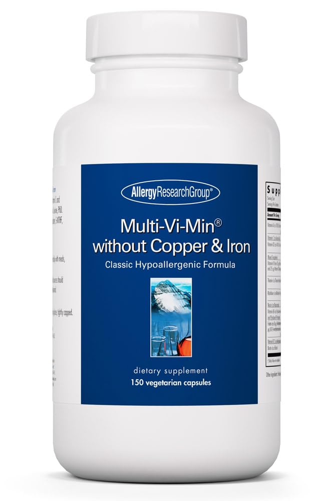 Allergy Research Group Multi-Vi-Min Without Copper & Iron - Multivitamin for Men & Women, מינרלים מורכבים, חומרים מזינים פעילים, עם Iodine - 150 Count