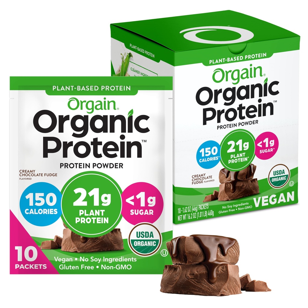 Orgain אורגני אבקת חלבון, קרם שוקולד Fudge - 21g צמחי חלבון, 6g Prebiotic סיבים, Low Carb, No Lactose Ingredients, לא תוספת סוכר, non-GMO, עבור Shakes & Smoothies, 10 חבילות נסיעות