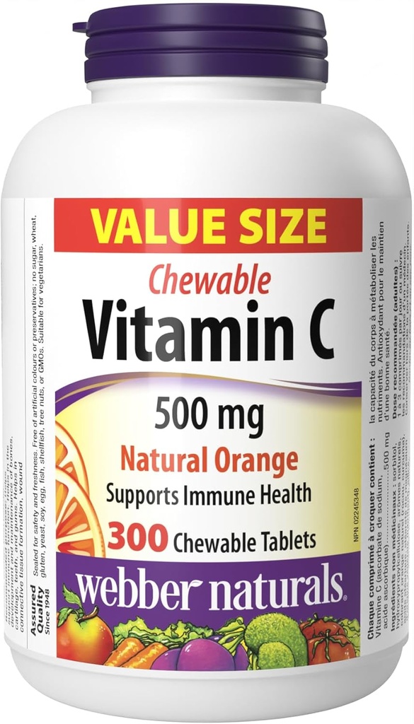 Webber Naturals ויטמין C, 300 טבליות כתום Chewable, 500 מ"ג של ויטמין C Per Tablet, עצמות, שיניים, Immune ו- Antioxidant Support