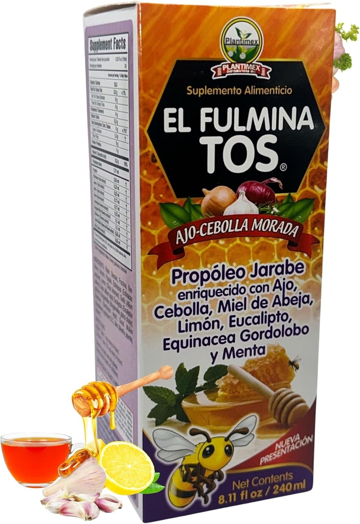 אל FULMINA TOS Propoleo +AJO + CEBOLLA +Miel+Limon+Eucalipto+Equinacea+Gordolobo & Menta (Propolis Syrup W/Garlic and Onion) 8.11 תוסף תזונה מסוג Cough Syrup FULMINA toSSSSrup W/Garlic and Onion) 8.11