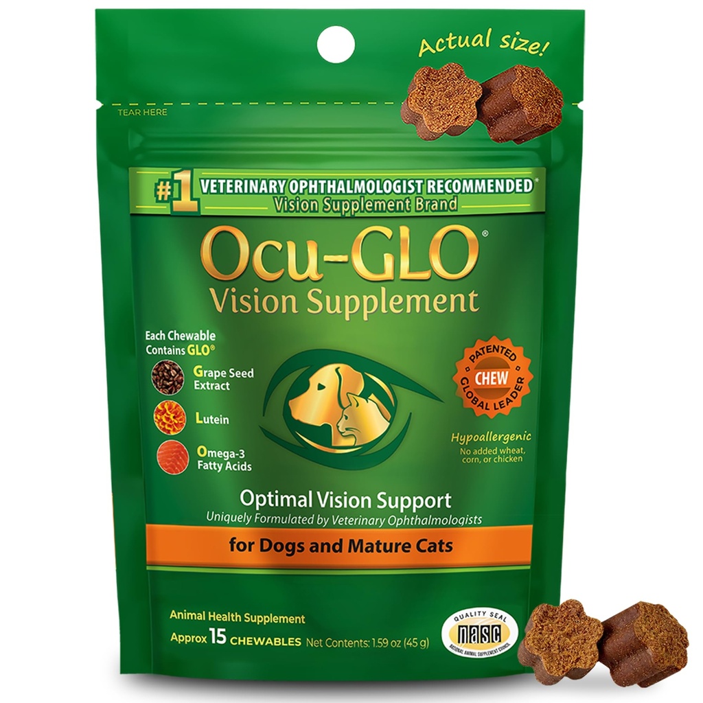 Ocu-GLO Cat & Dog בכיר תוספת לתמיכה בעין - תוספי ראייה Chewable תוספי מזון עבור חיות גדולות וקטנות טיפול עם Lutein, אומגה 3 חומצות שומן, Grape Seed לחלץ &oxidants