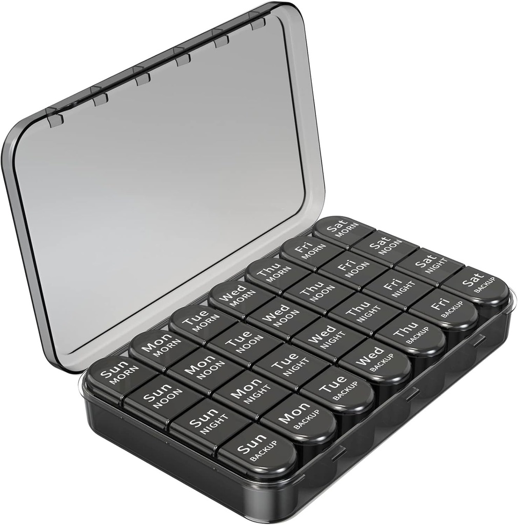 Daviky Weekly Pill מארגנת 4 פעמים ביום, קיבולת גדולה 7 יום Box, Daily Medicine מארגנת עבור נסיעות עם 28 השוואתיות כדי להחזיק תרופות, ויטמין ותוסף (שחור)