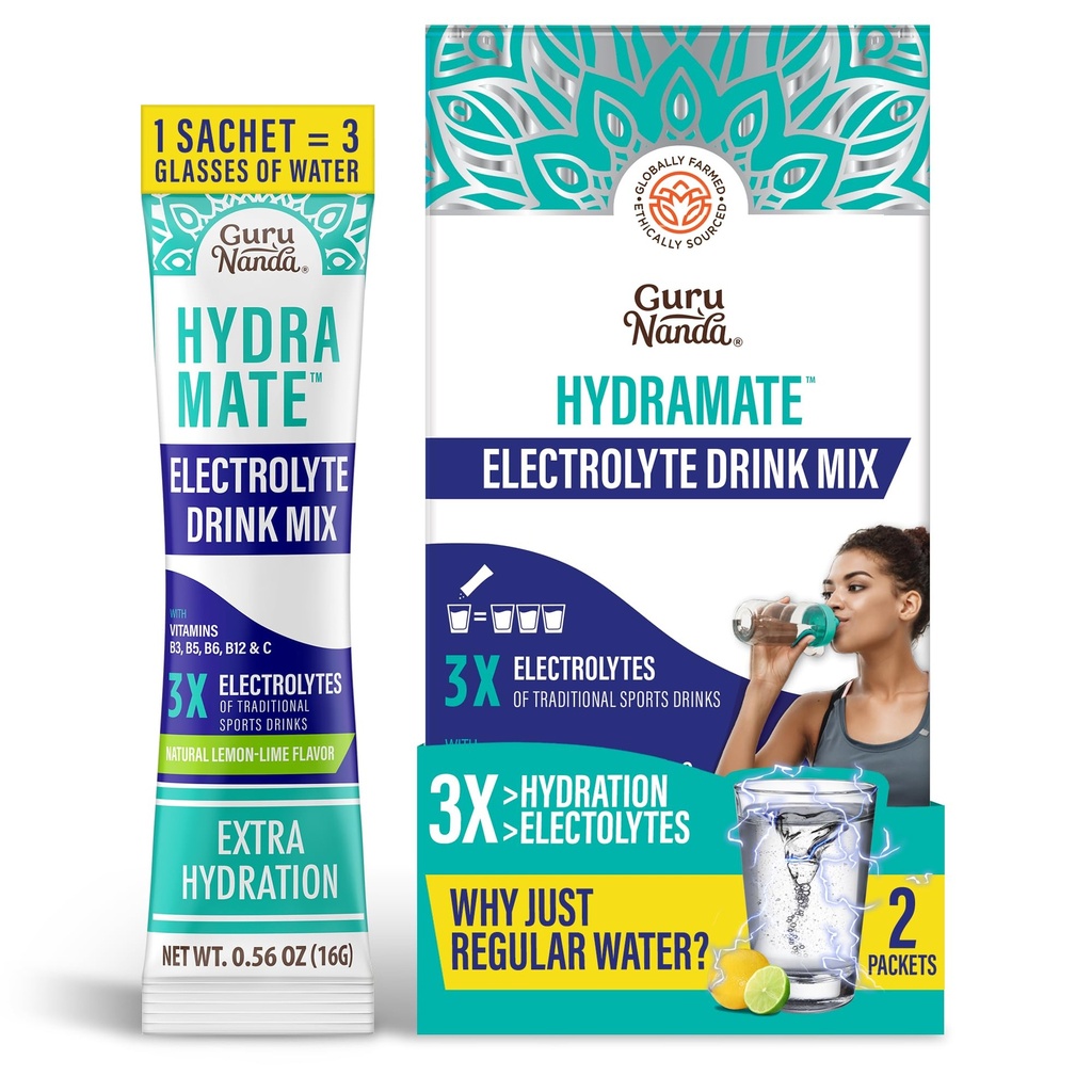 GuruNandahydration Support drink Mix - אלקטרוליט אבקת Packets עבור Dehydration, פעילות גופנית ואנרגיה - לא תוספת Sweeteners, non-GMO, לימון טבעי Lime Flavor - 2 Count (0.56 oz כל אחד)