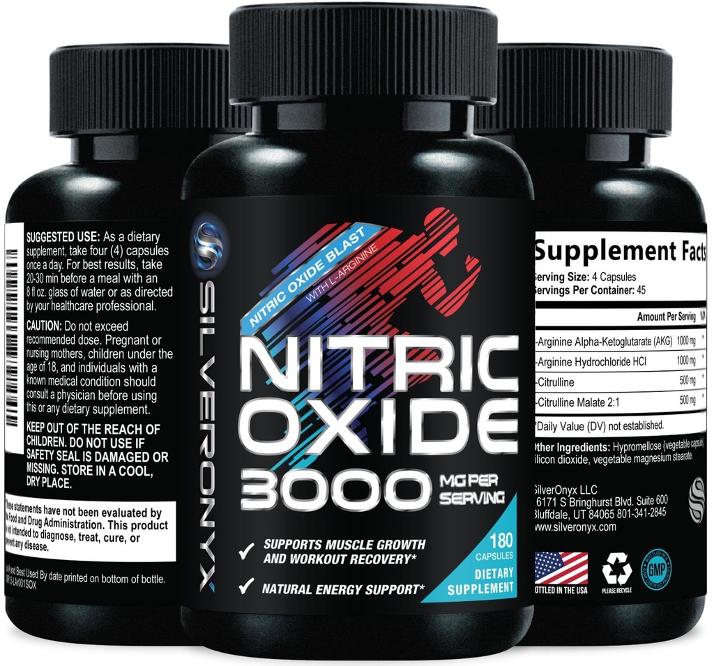 Extra Strength Nitric Oxide Booster - 3X Strength L-Arginine AKG & Citrulline Malate - Men & Women Premium Pre Workout Nitric Booster - Natural Energy & Muscle Support, Bottled in USA - 180 Capsules
