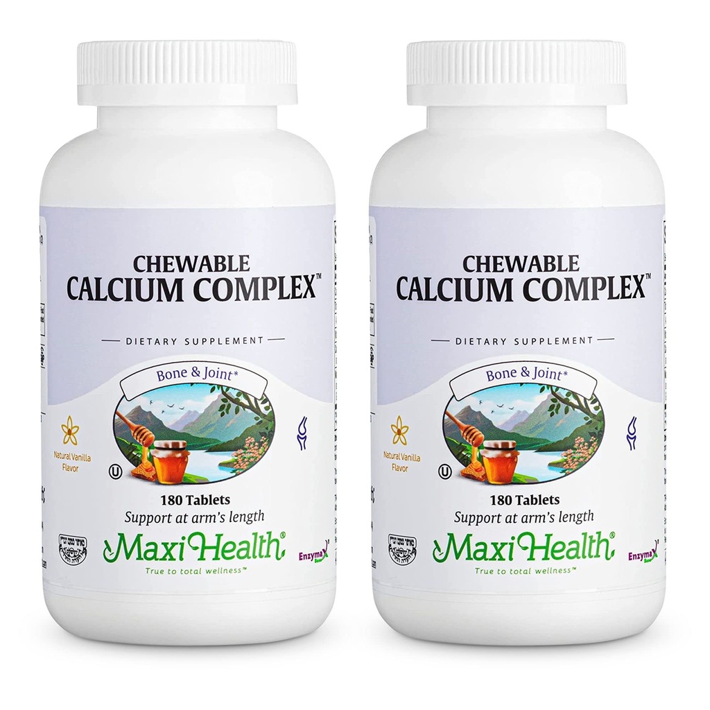 Maxi Health Chewable Calcium Complex - Vanilla Flavor ויטמין D3 ו- Magnesium Chewables כדי לעזור לתמוך בעצמות - Creative Magnesium ו- Calcium תוסף לנשים וגברים (180, חבילה של 2)
