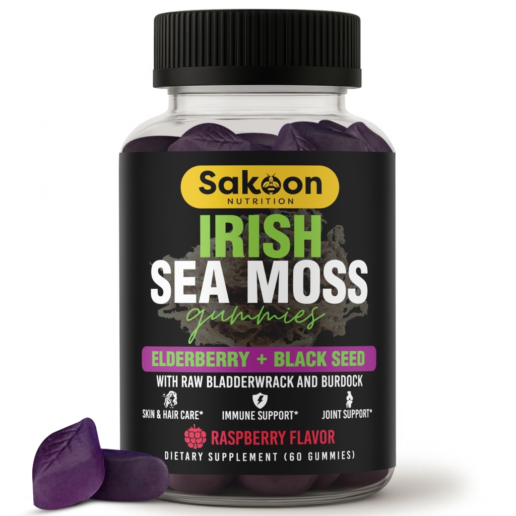 Irish Sea Mosss Gummies with Elderberry & Black Seed שמן - תמיכה כללית לבריאות | עשירים בוויטמינים, Raspberry Flavor