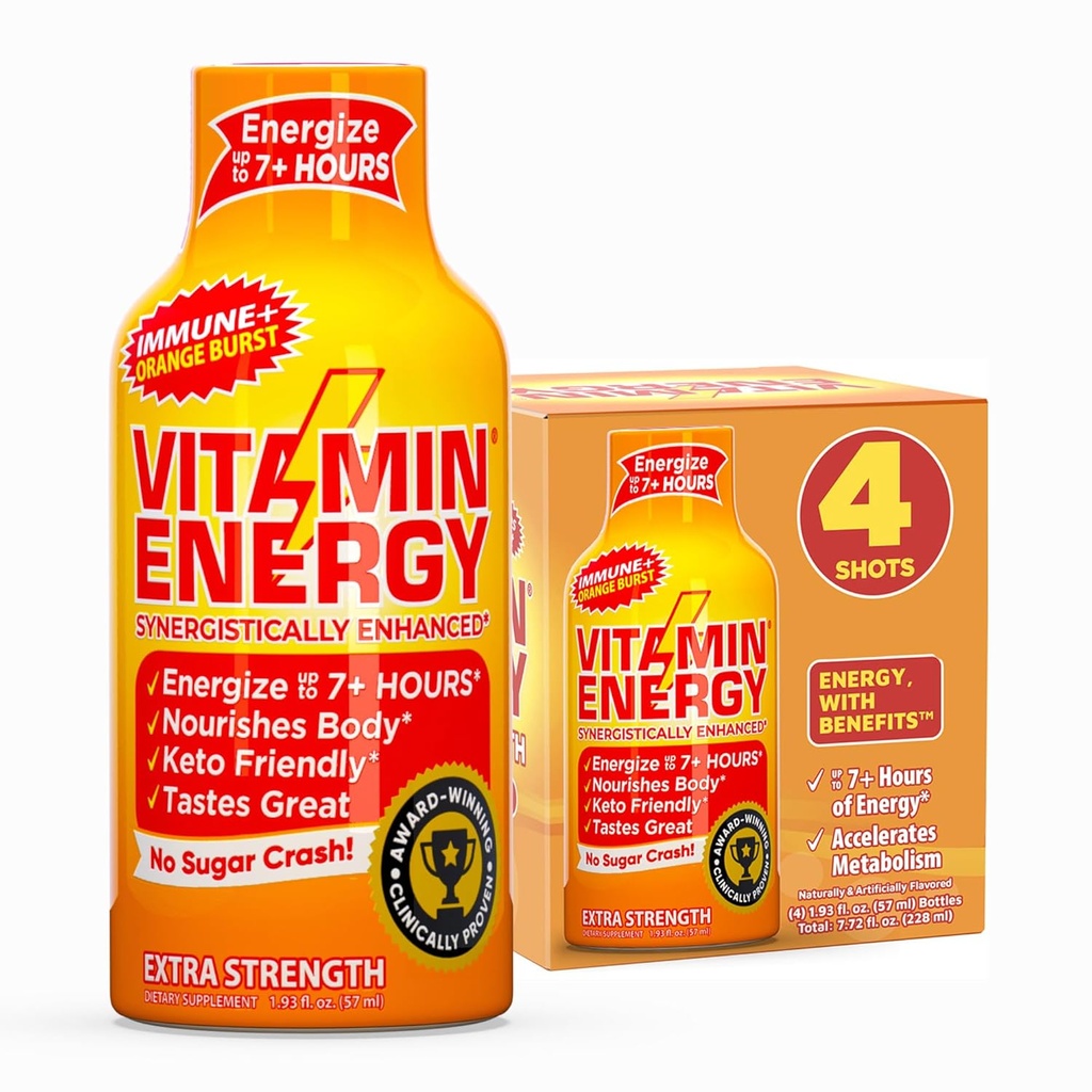 ויטמין אנרגיה Immune+ תוספת אנרגיה נורה - כתום Burst - 100% DV B-Vitamins & 260 מ"ג קפאין - Zero Calories, Sugar-Free, טבעוני - Immunity & Energy Support - 1.93 floz, 4Pack קלוריות