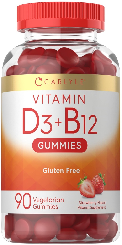 Carlyle ויטמין D3 + B12 חניכיים מורכבות | 90 Count | Vegetarian, non-GMO וגלוטן חינם פורמולה | Strawberry Flavor תוסף