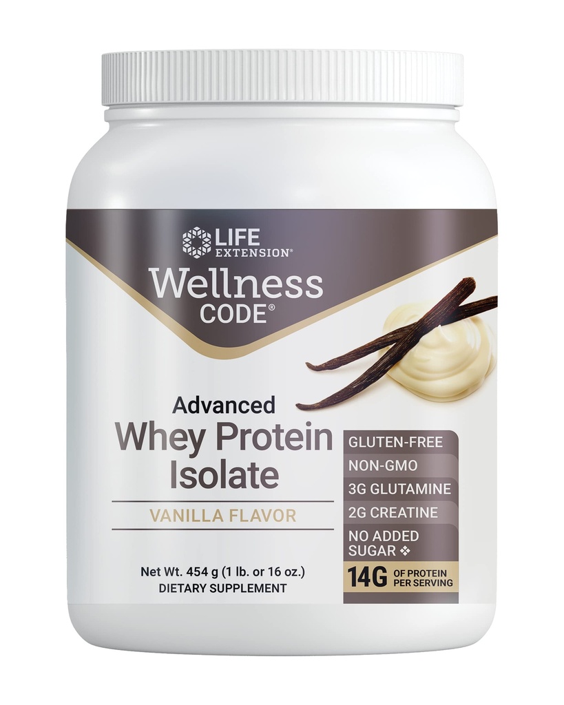 Life Extension Code Advanced Whey Protein Isolate - Vanilla Flavor -Protein Shake Mix אבקת עבור צמיחה שרירית Immune בריאות תמיכה - Gluten Free, non-GMO, Sugar Free - 454g - 20 משרתות