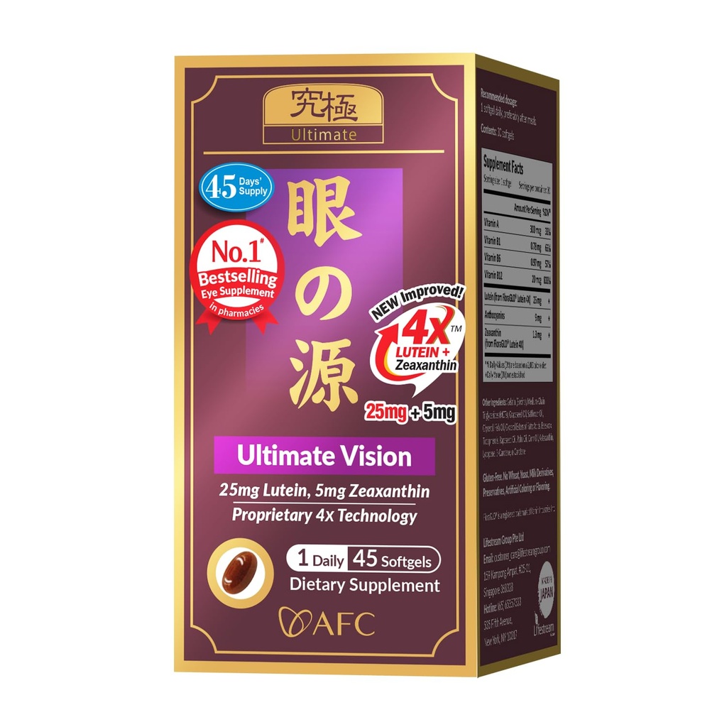 AFC יפן Ultimate Vision 4X - שיפור, Up-Sized Eye Formula with Lutein 4X, Zeaxanthin, Bilberry לחלץ ווויטמינים ל- Age-Related Eye Problem, Blurry & Poor Vision, Dry Eye, Macular Health 45s