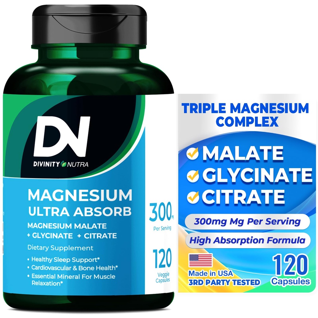 Divinity Nutra Triple Magnesium Complex Supplement,300mg of Magnesium Glycinate, Malate & Citrate for Muscles, Nerves, & Energy, High Absorption, 120 Vegan Capsules，Non-GMO USA Made