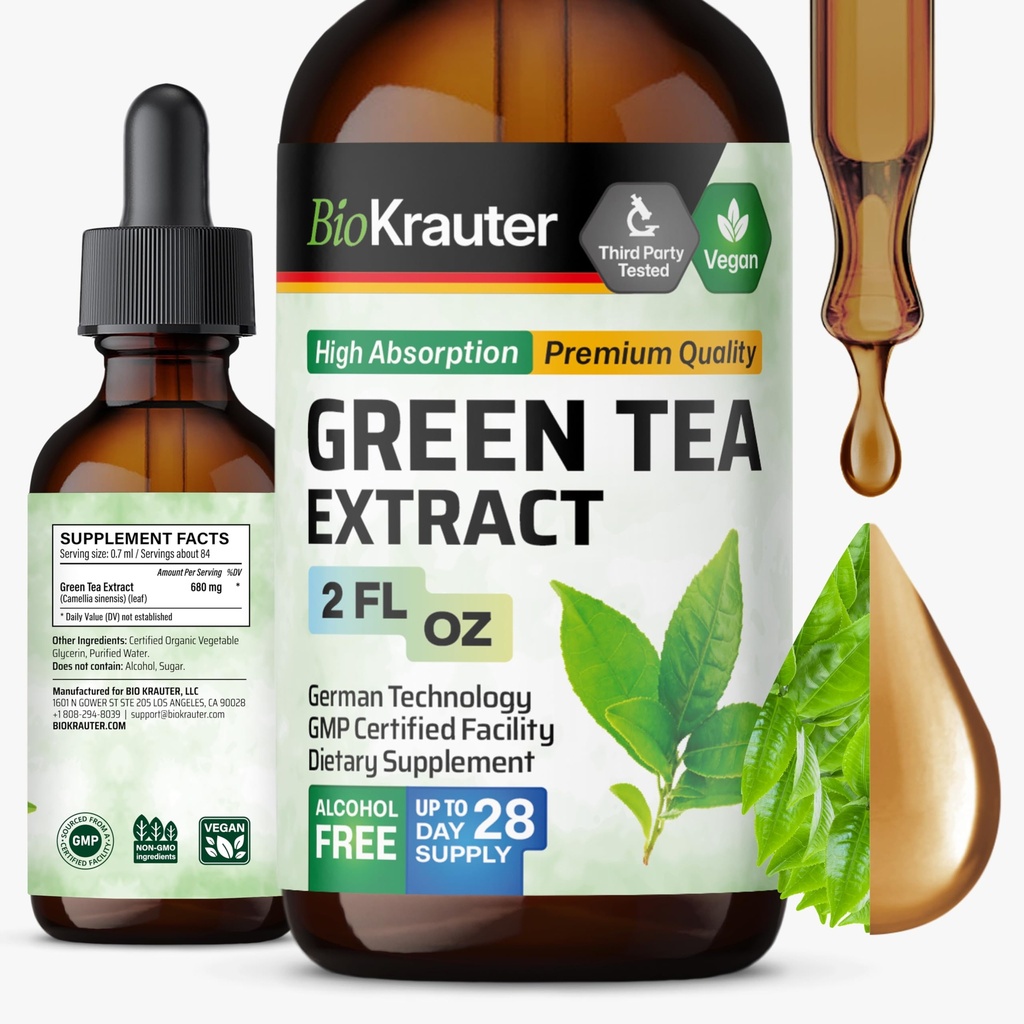 BIO KRAUTER Green Tea Extracts - תוספי תה ירוק - Antioxidant Source - אלכוהול וסוכר חינם - 2 Fl.Oz.