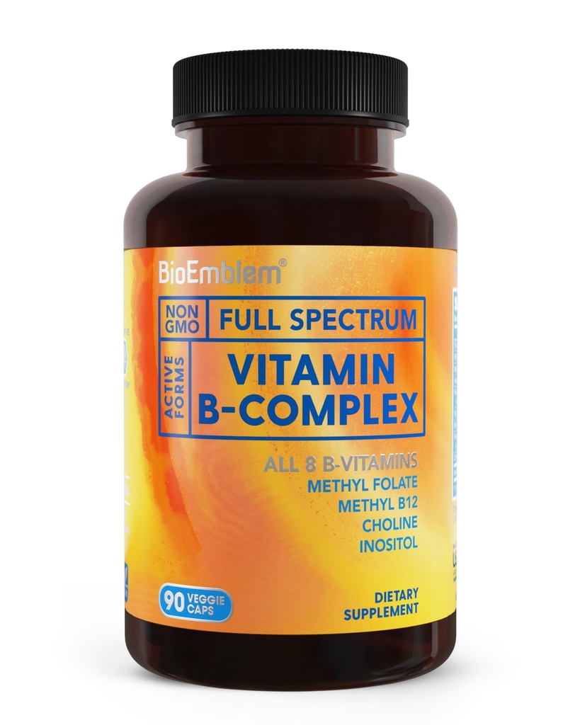 Bio Emblem ויטמין B-Complex - All 8 Active Forms with Methyl Folate, Methyl B12, B6, Biotin Plus Choline Inositol, תומך באנרגיה, Metabolism, Brain, Heart Health - B 90 קפסולות תוספי מזון