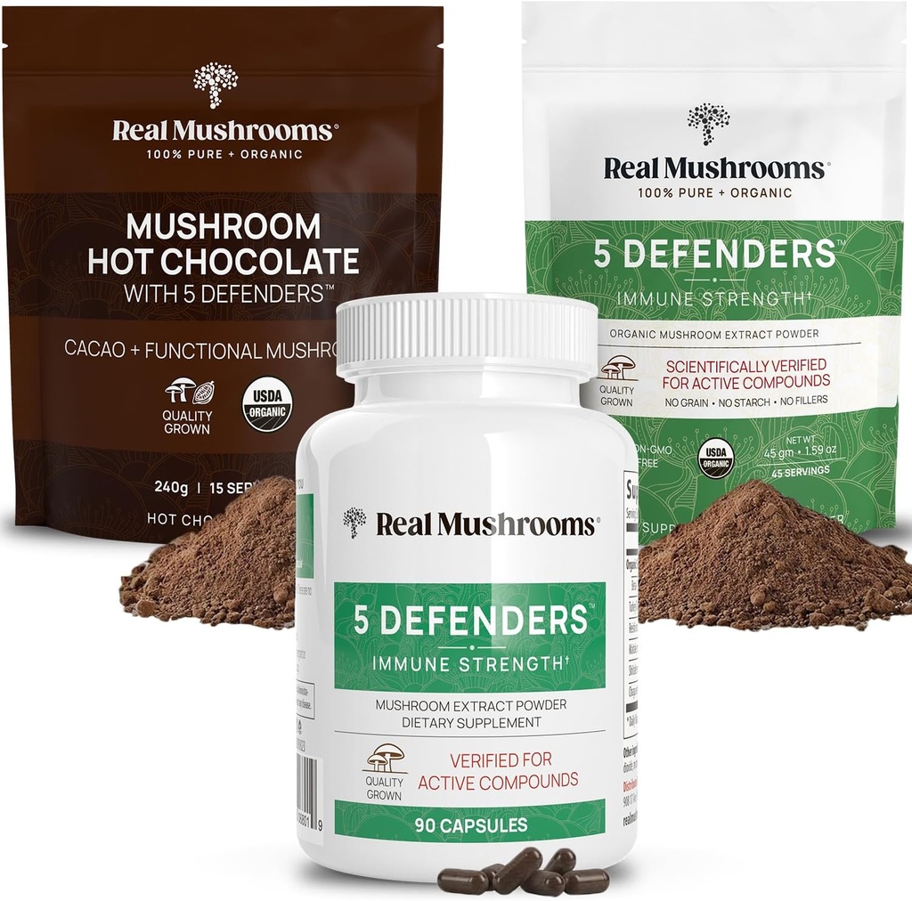 Real Mushrooms Hot Chocolate Mix (15srv), 5 Defenders לחלץ אבקה (45srv), ו-5 Defenders Supplements (90ct) Bundle כדי לתמוך חסינות ורווחה כללית - Gluten-Free, non-GMO, טבעוני