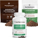 Real Mushrooms Hot Chocolate Mix (15srv), 5 Defenders לחלץ אבקה (45srv), ו-5 Defenders Supplements (90ct) Bundle כדי לתמוך חסינות ורווחה כללית - Gluten-Free, non-GMO, טבעוני